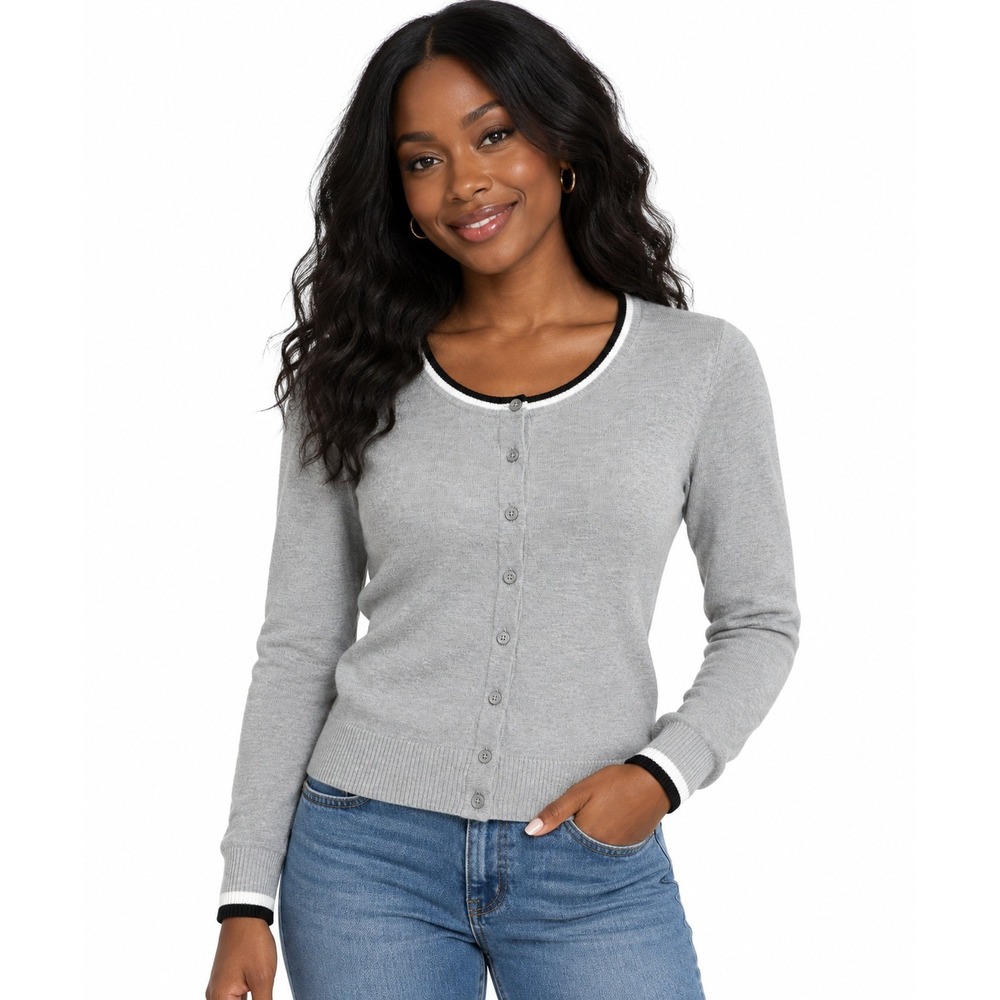 Gap Cardigan Women Small Gray Tipped Trim Button Front Knit Sweater